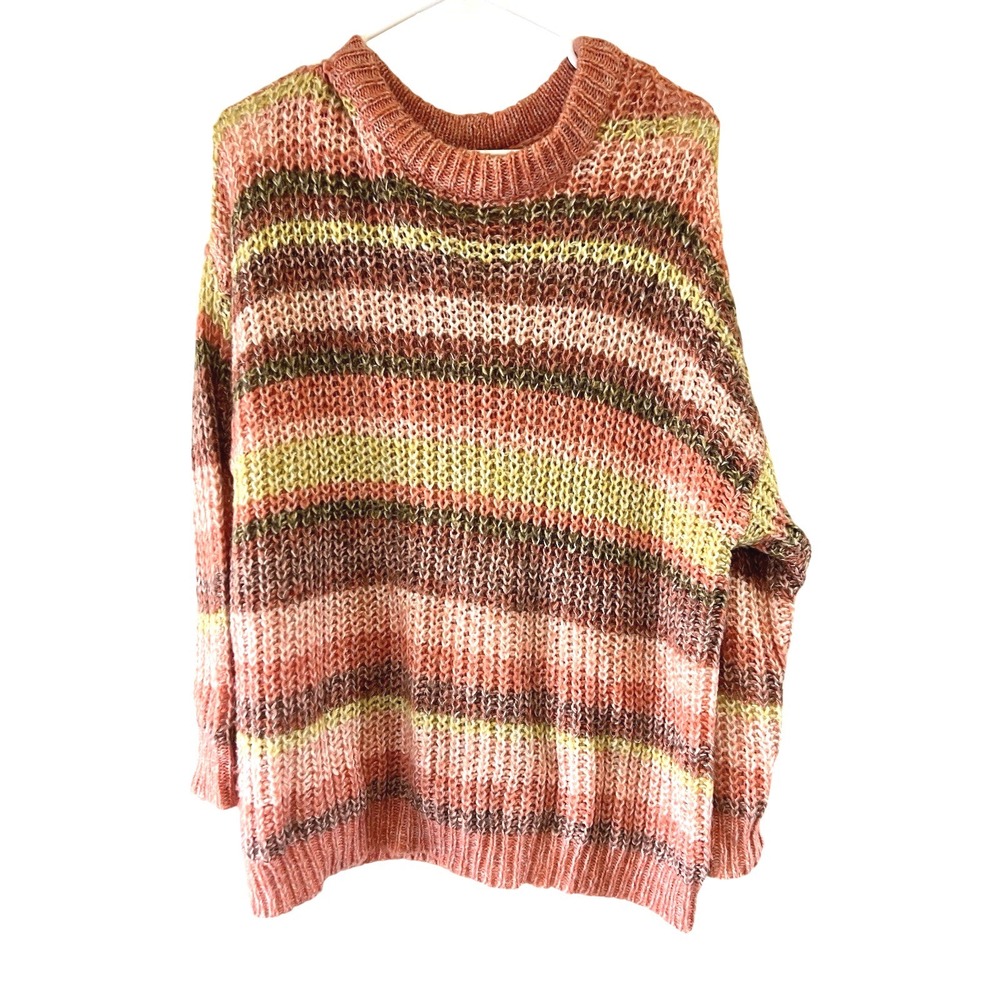 American Eagle medium Striped Crewneck Sweater Pink Orange Green autumn fall
